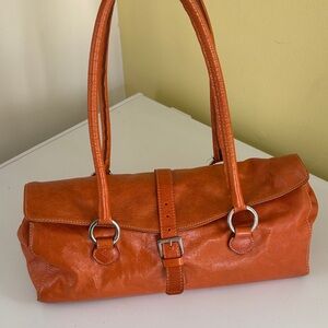 Helen Welsh Orange/Brown Leather Baguette Shoulder Bag